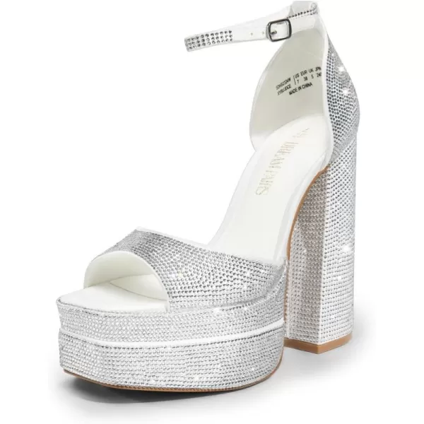 imageDREAM PAIRS High Heels Chunky Block Platform Heels for Women Ankle Strap Sexy Open Square Toe Heels Dressy Pumps SandalsWhiterhinestone