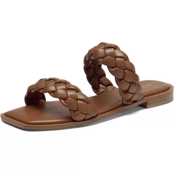 imageDREAM PAIRS Womens Braided Sandals Slip on Slides Two Straps Square Toe Dressy for SummerBrown