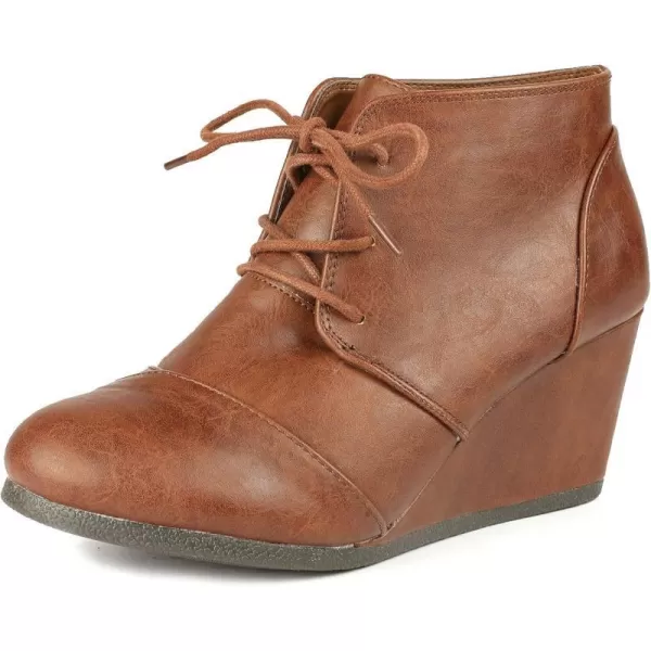 imageDREAM PAIRS Womens Casual Fashion Lace Up Low Wedge Heel Booties ShoeTan Pu