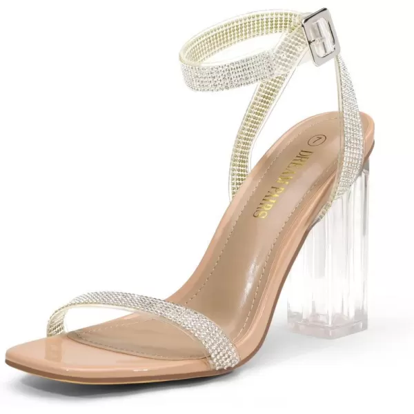 imageDREAM PAIRS Womens Chunky Clear High Heels Sandals Rhinestone Ankle Strap Open Square Toe Block Heels Cute Sparkly Heels for Wedding PartyNudeClearRhinestone