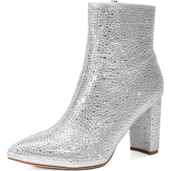 imageDREAM PAIRS Womens Chunky High Heel Ankle BootiesSilver Rhinestone