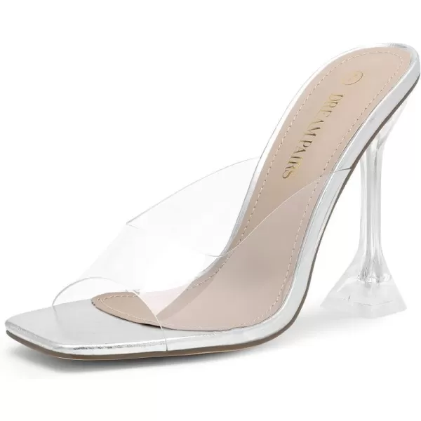 imageDREAM PAIRS Womens Clear Heels Square Toe High Stiletto Mules Slip on Wedding Dress Heel SandalsSliverClear