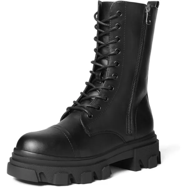 imageDREAM PAIRS Womens Combat Boots Lace up Mid Calf Boots Low Heel Chunky Platform Lug Sole BootsBlackPu