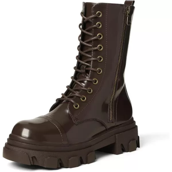 imageDREAM PAIRS Womens Combat Boots Lace up Mid Calf Boots Low Heel Chunky Platform Lug Sole BootsBrown