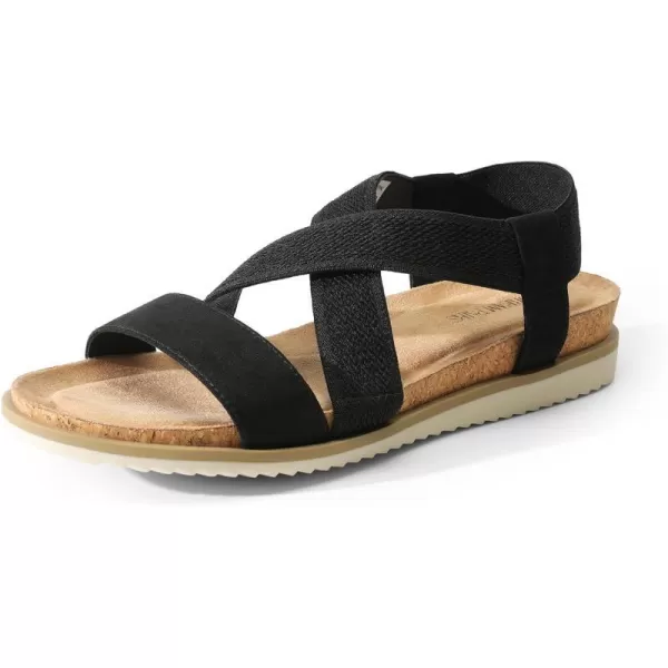 imageDREAM PAIRS Womens Comfortable Low Wedge Sandals Open Toe Slip On Strappy Flat Sandals with Elastic Ankle StrapBlacksuede