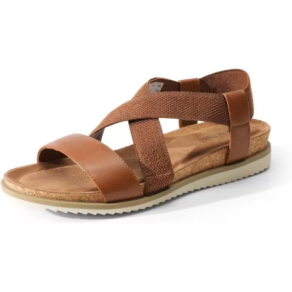 imageDREAM PAIRS Womens Comfortable Low Wedge Sandals Open Toe Slip On Strappy Flat Sandals with Elastic Ankle StrapBrownpu