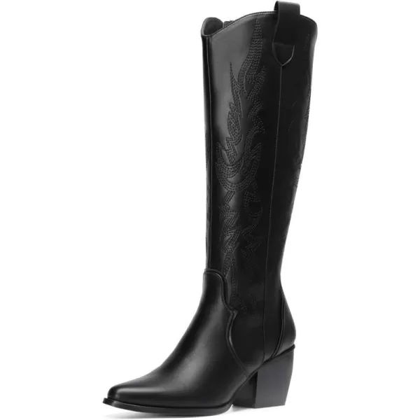 imageDREAM PAIRS Womens Cowboy Boots Comfortable Pull On Zipper Chunky Heel Pointed Toe Embroidered Western Cowgirl Knee High BootsBlackPu