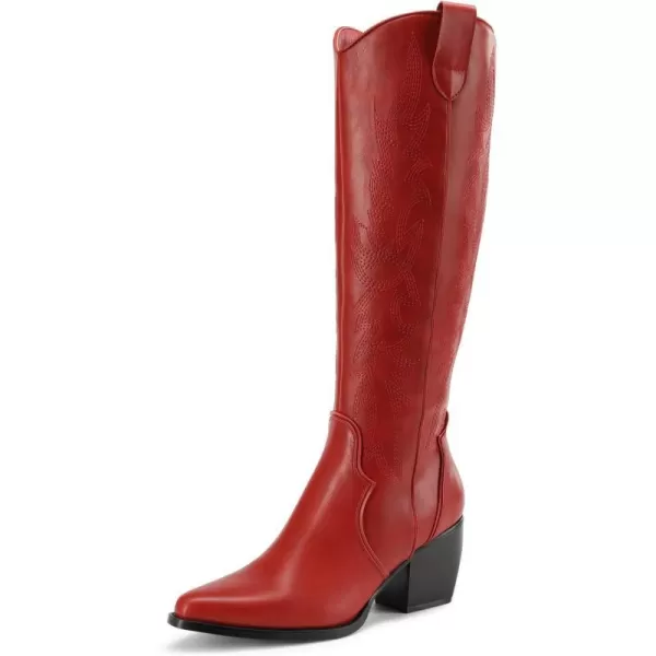 imageDREAM PAIRS Womens Cowboy Boots Comfortable Pull On Zipper Chunky Heel Pointed Toe Embroidered Western Cowgirl Knee High BootsRed