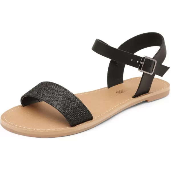 imageDREAM PAIRS Womens Cute Open Toes One Band Ankle Strap Flexible Summer Flat SandalsBlackGlitter