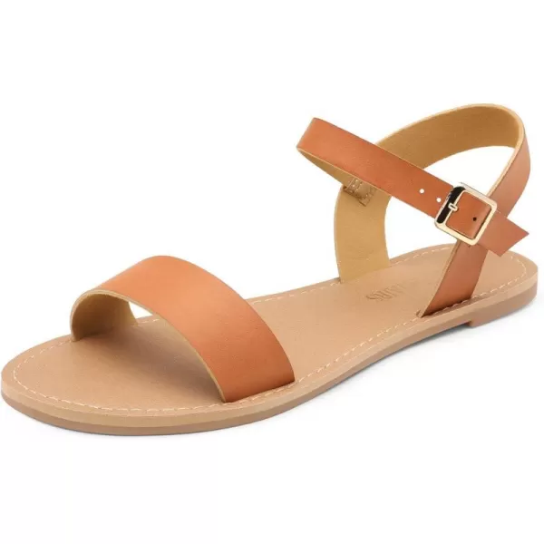 imageDREAM PAIRS Womens Cute Open Toes One Band Ankle Strap Flexible Summer Flat SandalsTannew