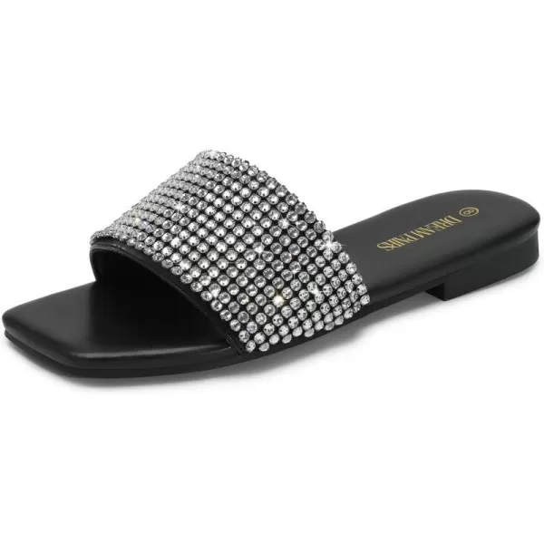 imageDREAM PAIRS Womens Cute Square Toe Summer Slip on Slides Rhinestone Open Toe Dressy Flat SandalsBlack