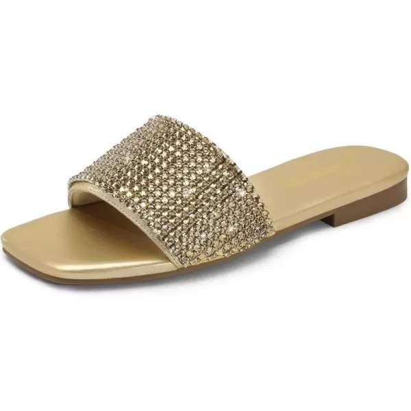 imageDREAM PAIRS Womens Cute Square Toe Summer Slip on Slides Rhinestone Open Toe Dressy Flat SandalsGold