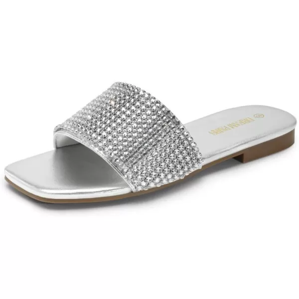 imageDREAM PAIRS Womens Cute Square Toe Summer Slip on Slides Rhinestone Open Toe Dressy Flat SandalsSilver