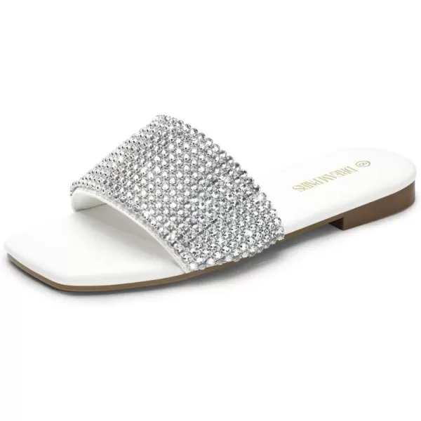 imageDREAM PAIRS Womens Cute Square Toe Summer Slip on Slides Rhinestone Open Toe Dressy Flat SandalsWhite