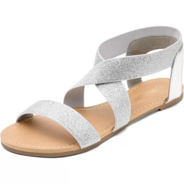 imageDREAM PAIRS Womens Elastic Ankle Strap Flat Sandals Summer Dressy Shoes Cute Strappy Gladiator SandalsSilverPu
