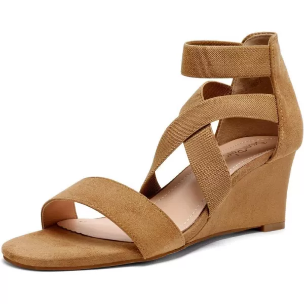 imageDREAM PAIRS Womens Elastic Ankle Strap Low Wedge SandalsCamel