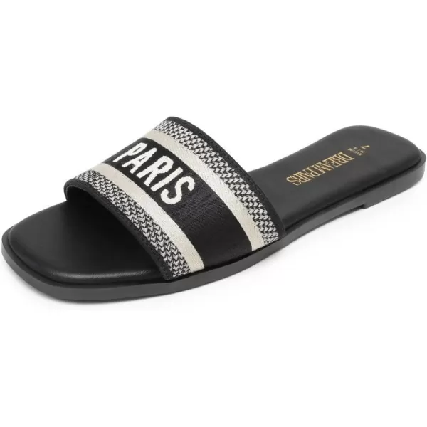 imageDREAM PAIRS Womens Flat Sandals Slip On Slides Sandals Square Open Toe Jacquard Braided Fashion Slides Casual Beach Slippers for SummerAll Black