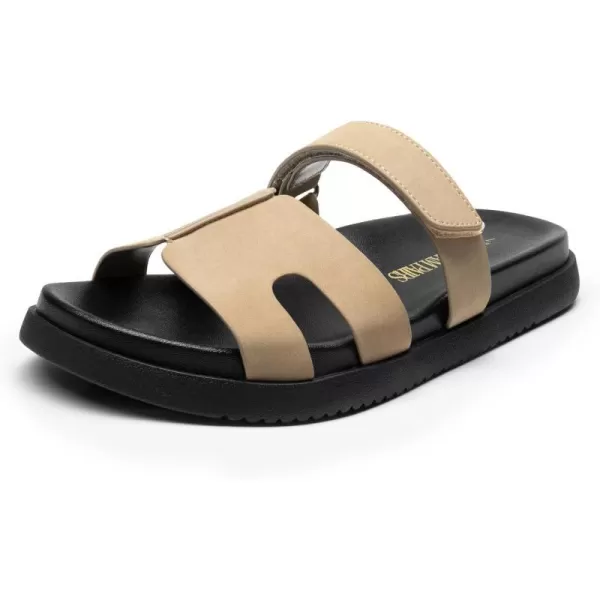 imageDREAM PAIRS Womens Flat Slide Sandals Comfortable Slip On Platform Sandals For Women Dressy SummerKhakinubuck