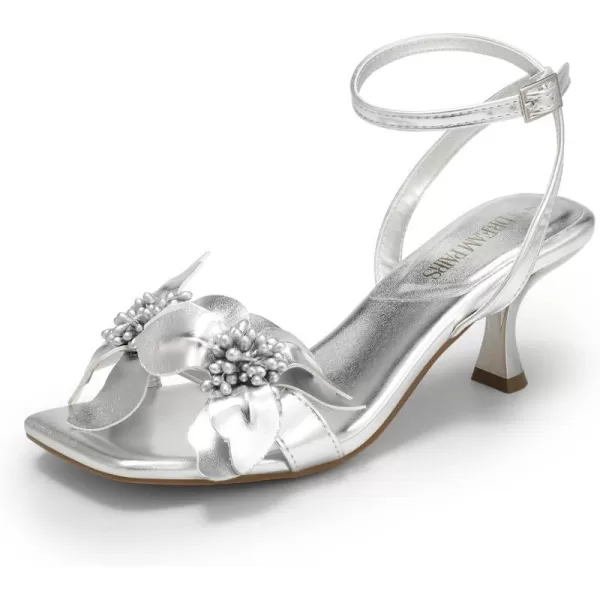 imageDREAM PAIRS Womens Flower Wedding Heels Cute Square Toe Slingback Low Kitten Heels Sandals with Ankle StrapSilverpu