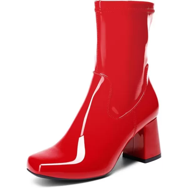 imageDREAM PAIRS Womens Go Go Boots Mid Calf Low Block Heel Boots Zipper Square Toe Ankle Boots For Party Cosplay DanceRedpat