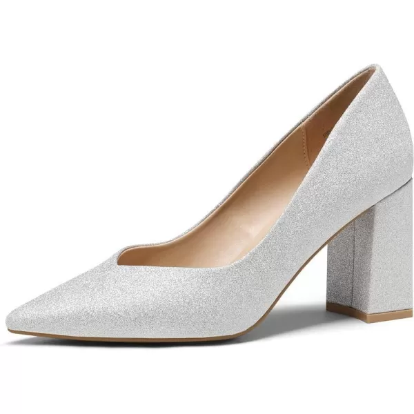 imageDREAM PAIRS Womens High Chunky Closed Toe Block Heels Pointed Toe Wedding Party Elegant Slip On Pumps ShoesSilver