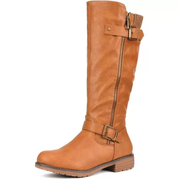 imageDREAM PAIRS Womens Knee High Boots Comfortable Riding Boots Side Zipper with BuckleCamel