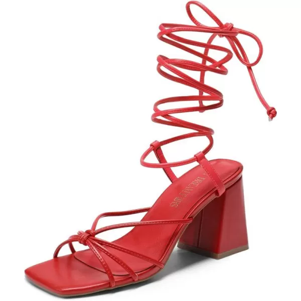 imageDREAM PAIRS Womens Lace Up Heels Strappy Block High Heel Square Open Toe Chunky Sandals for Party Travel DateRed