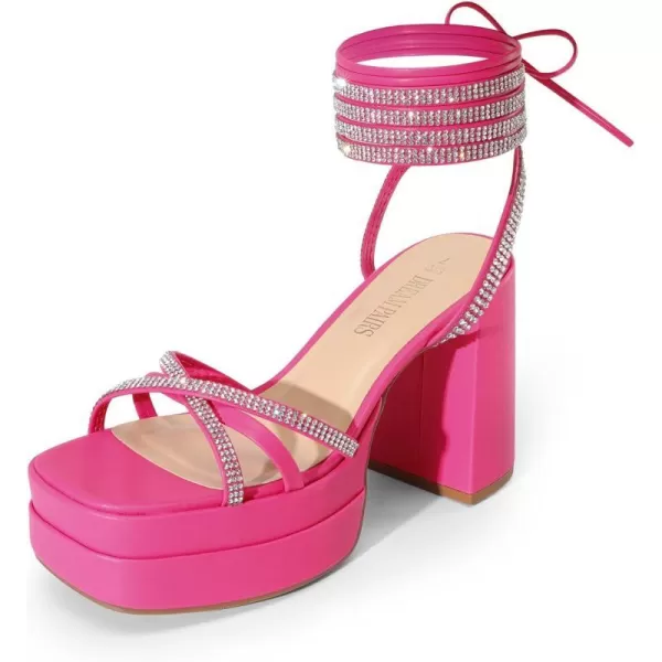 imageDREAM PAIRS Womens Lace Up Platform Heels Rhinestone High Strappy Chunky Sandal Y2K Shoe for Club Party Date PromHot Pink