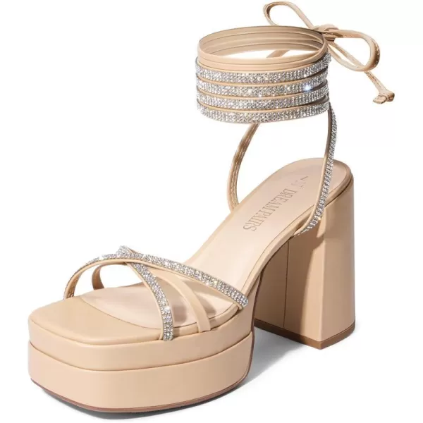 imageDREAM PAIRS Womens Lace Up Platform Heels Rhinestone High Strappy Chunky Sandal Y2K Shoe for Club Party Date PromNude