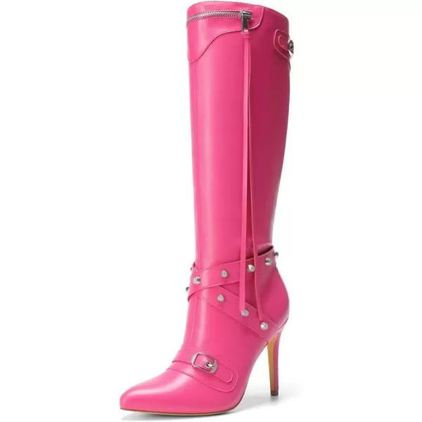 imageDREAM PAIRS Womens Metallic Stiletto Heeled KneeHigh Boots Fashion Thigh High Pointed Toe Dress Boots with Stud and ZipperTasselHot Pink