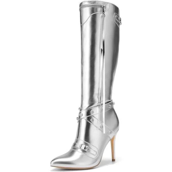 imageDREAM PAIRS Womens Metallic Stiletto Heeled KneeHigh Boots Fashion Thigh High Pointed Toe Dress Boots with Stud and ZipperTasselMetallic Silver