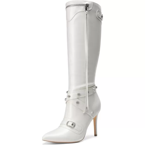 imageDREAM PAIRS Womens Metallic Stiletto Heeled KneeHigh Boots Fashion Thigh High Pointed Toe Dress Boots with Stud and ZipperTasselWhite