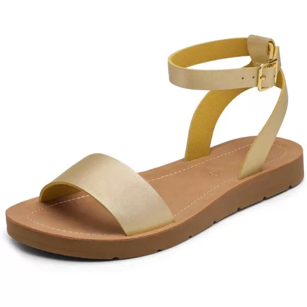 imageDREAM PAIRS Womens One Band Ankle Strap Buckle Flat SandalsGoldPuelena5