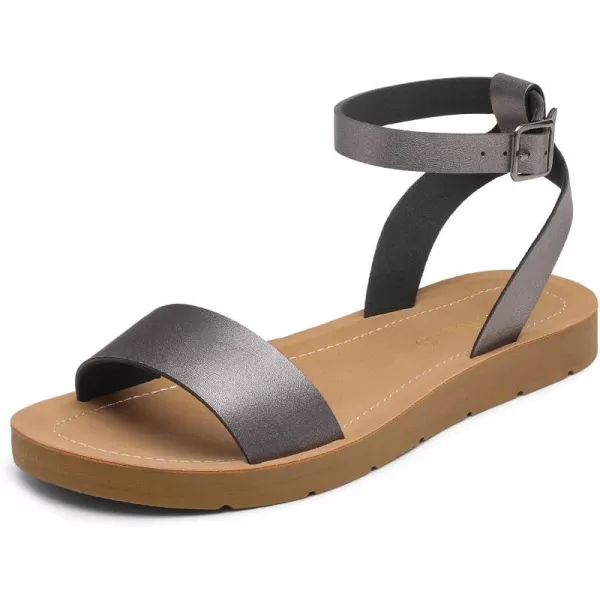 imageDREAM PAIRS Womens One Band Ankle Strap Buckle Flat SandalsPewterPuelena5