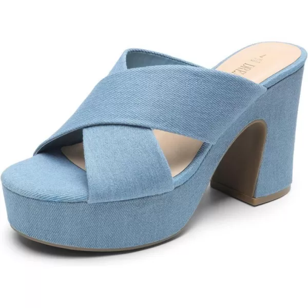 imageDREAM PAIRS Womens Platform Heels Open Toe Slip on Heels for Women High Chunky Block Wedges Sandals Dressy Pumps ShoesDenim Blue