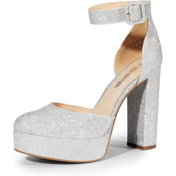 imageDREAM PAIRS Womens Platform High Chunky Heels Closed Toe Block Ankle Strap Dress Buckle Round Toe Wedding Party Comfortable Pumps ShoesSilverglitter