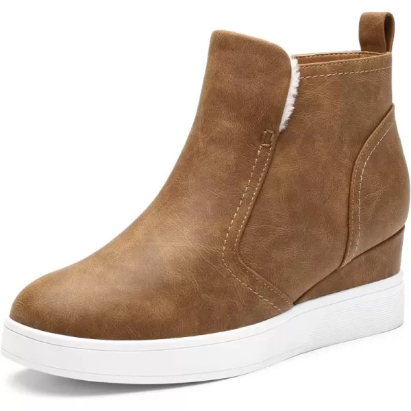 imageDREAM PAIRS Womens Slip on High Top Wedge Sneakers Hidden Heel Platform Wedgie Ankle BootiesTanPu