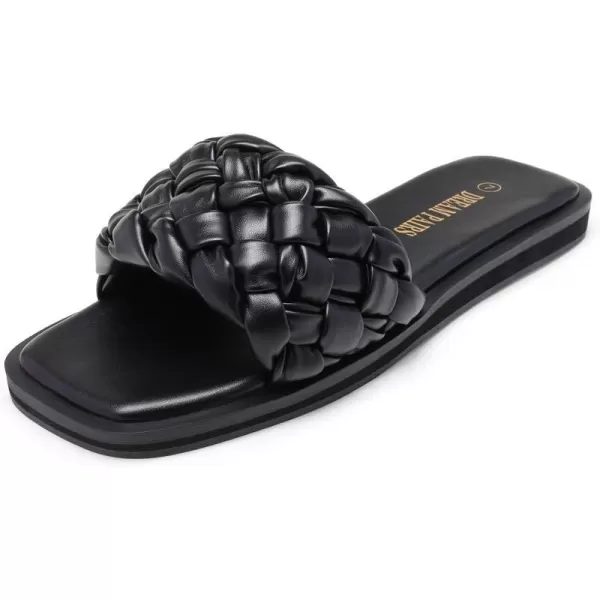 imageDREAM PAIRS Womens Square Open Toe Slide Sandals Cute Slip on Braided Strap Rhinestone Flat Sandals for SummerBlackWeave