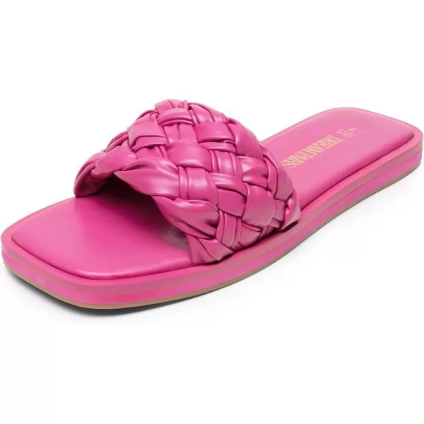 imageDREAM PAIRS Womens Square Open Toe Slide Sandals Cute Slip on Braided Strap Rhinestone Flat Sandals for SummerHot Pink