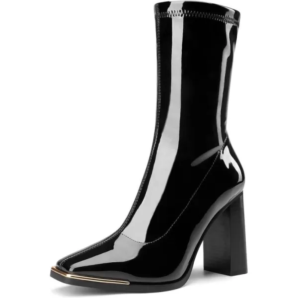 imageDREAM PAIRS Womens Square Toe Gogo Boots Elastic Ankle Boots High Chunky Block Heel Mid Calf BootsBlackPu