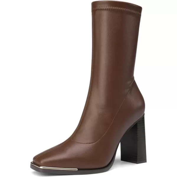imageDREAM PAIRS Womens Square Toe Gogo Boots Elastic Ankle Boots High Chunky Block Heel Mid Calf BootsBrownPu