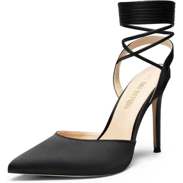 imageDREAM PAIRS Womens Strappy High Stilletos Heels Pointed Toe Sexy Slingback Lace Up Dress Wedding Pumps ShoesBlacksatin