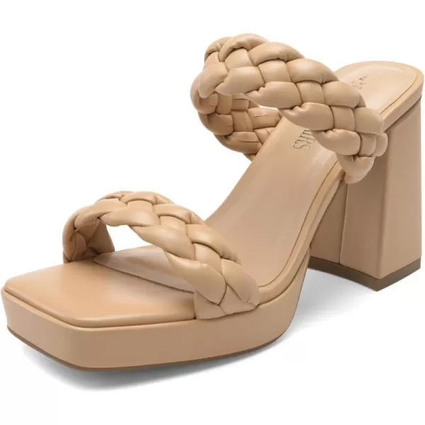 imageDREAM PAIRS Womens Two Braided Strap High Chunky Heels for Women Slip on Open Square Toe Block Platform Heels Sandals Holiday Party Wedding Dress Pumps ShoesNudepu