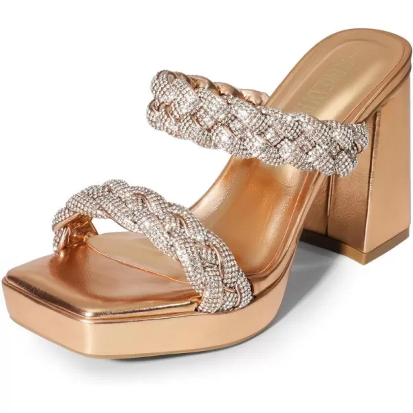 imageDREAM PAIRS Womens Two Rhinestone Braided Strap High Chunky Heels for Women Slip on Open Square Toe Block Platform Heels Sandals Holiday Party Wedding Dress ShoesRose Goldrhinestone