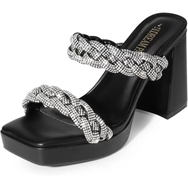 imageDREAM PAIRS Womens Two Rhinestone Braided Strap High Chunky Heels for Women Slip on Open Square Toe Block Platform Heels Sandals Holiday Party Wedding Dress ShoesBlackrhinestone