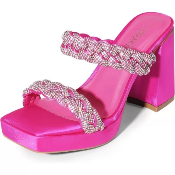 imageDREAM PAIRS Womens Two Rhinestone Braided Strap High Chunky Heels for Women Slip on Open Square Toe Block Platform Heels Sandals Holiday Party Wedding Dress ShoesHot Pinkrhinestone