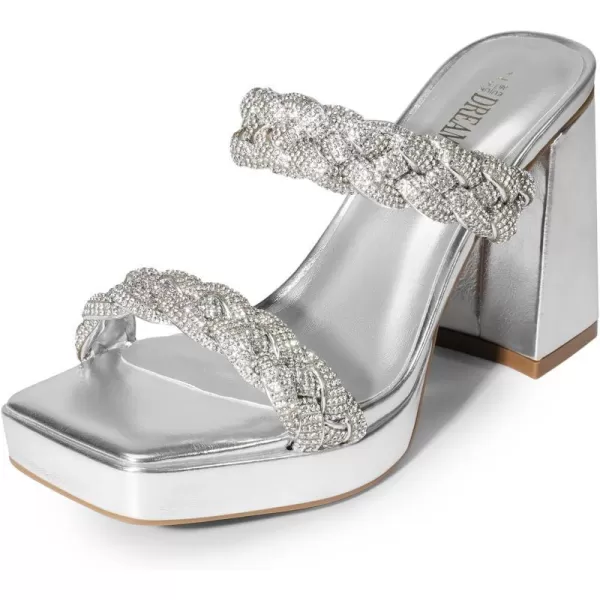 imageDREAM PAIRS Womens Two Rhinestone Braided Strap High Chunky Heels for Women Slip on Open Square Toe Block Platform Heels Sandals Holiday Party Wedding Dress ShoesSilverrhinestone