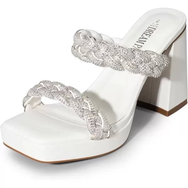 imageDREAM PAIRS Womens Two Rhinestone Braided Strap High Chunky Heels for Women Slip on Open Square Toe Block Platform Heels Sandals Holiday Party Wedding Dress ShoesWhiterhinestone