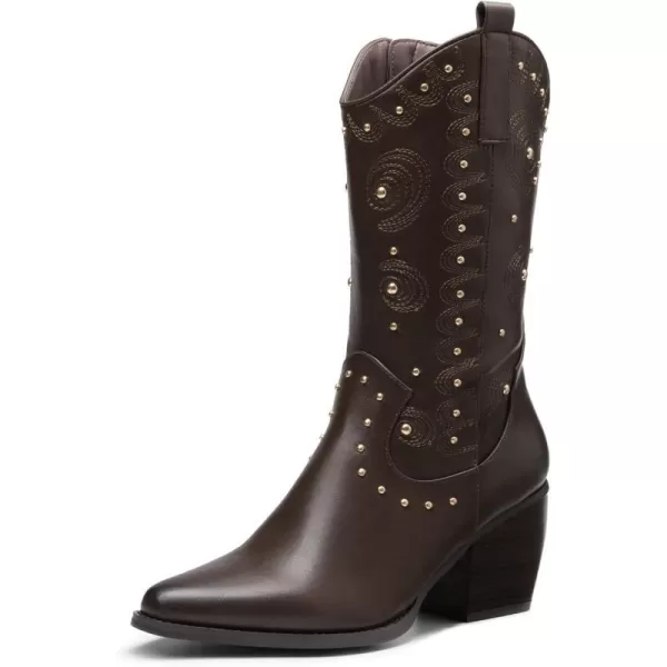 imageDREAM PAIRS Womens Western Cowboy boots Mid Calf Cowgirl boot PullonBrown
