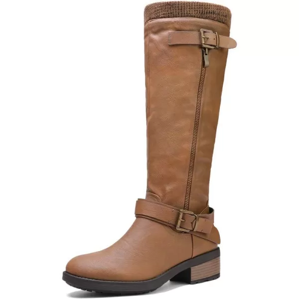 imageDREAM PAIRS Womens Wide Calf Knee High Boots Low Stacked Heel Riding BootsCamelwidet
